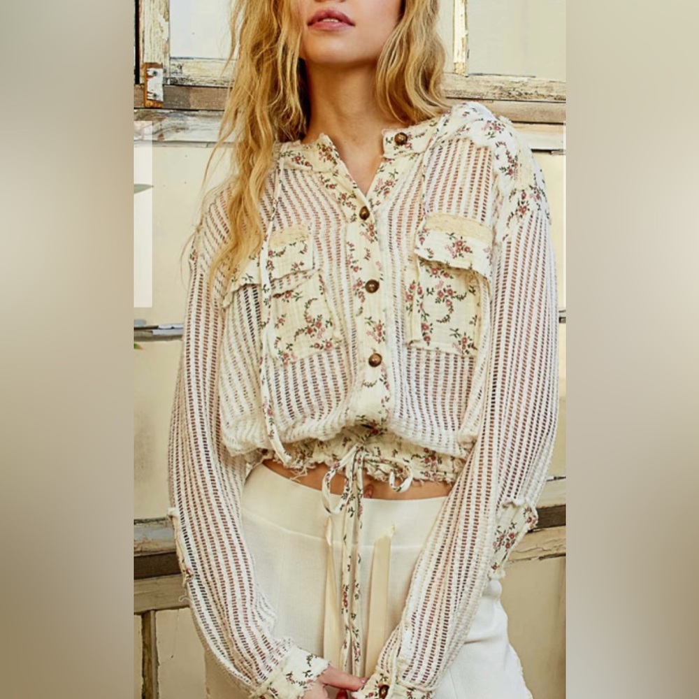 POL NWT Off White/Natural Floral Button-Up Sheer Top with Hood.Rayon/Spandex - Picture 7 of 17